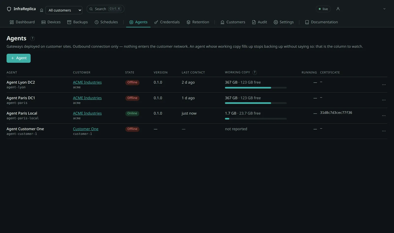 The agent list: state, version, last contact and working copy usage