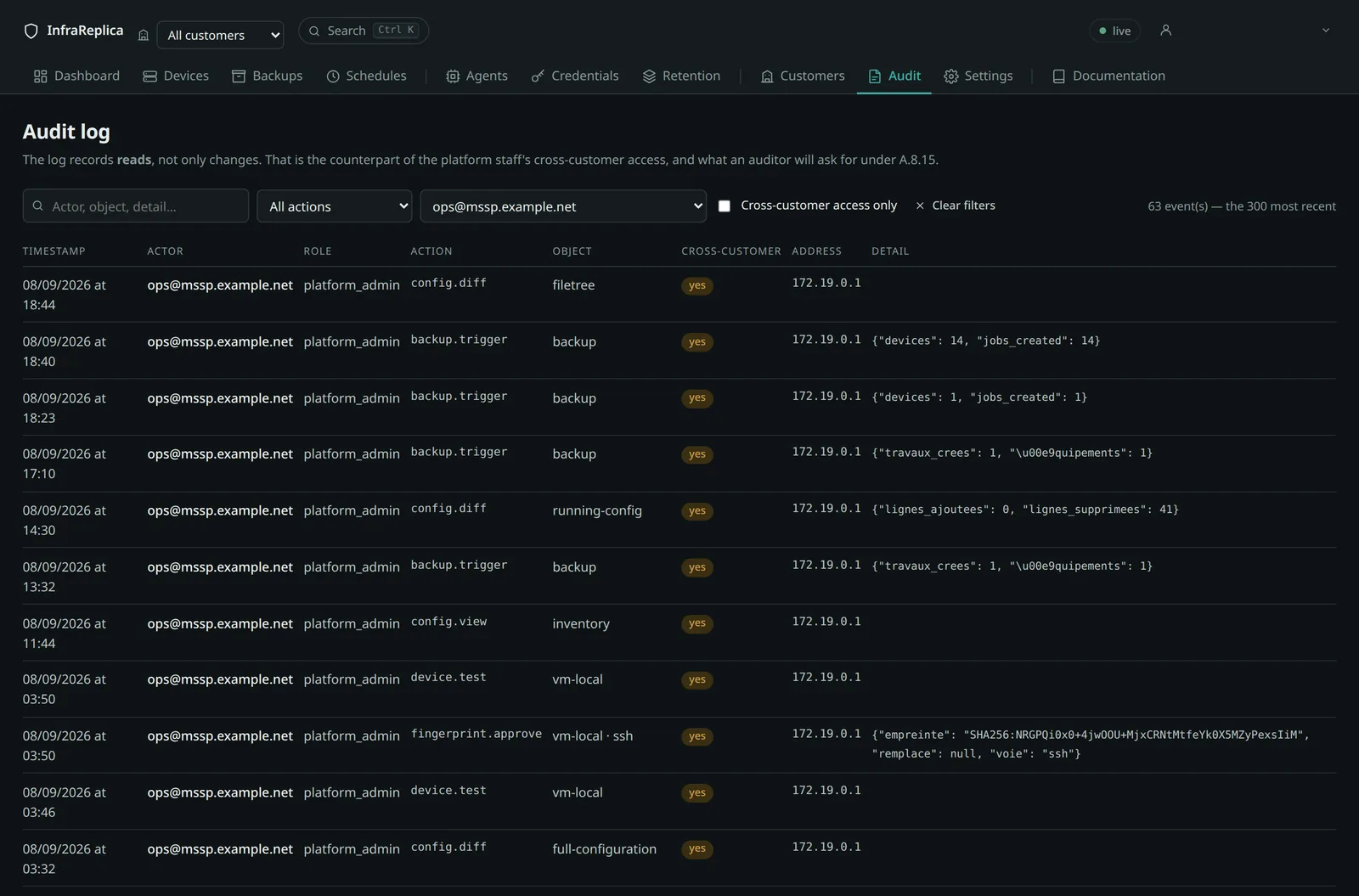 The audit log, filterable, with the cross-customer access review