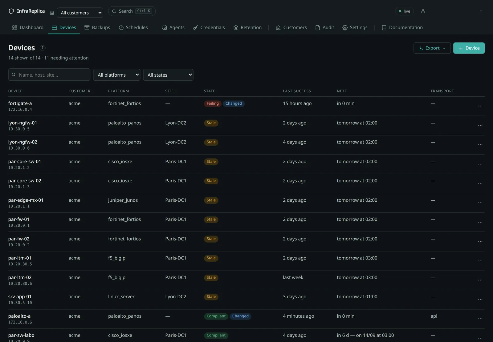 The device list: state, last success, next backup and the transport actually used