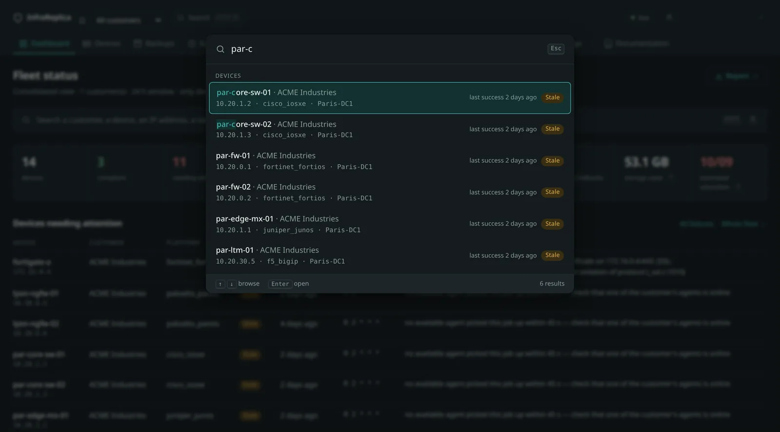 Search: results as you type, with each device's state