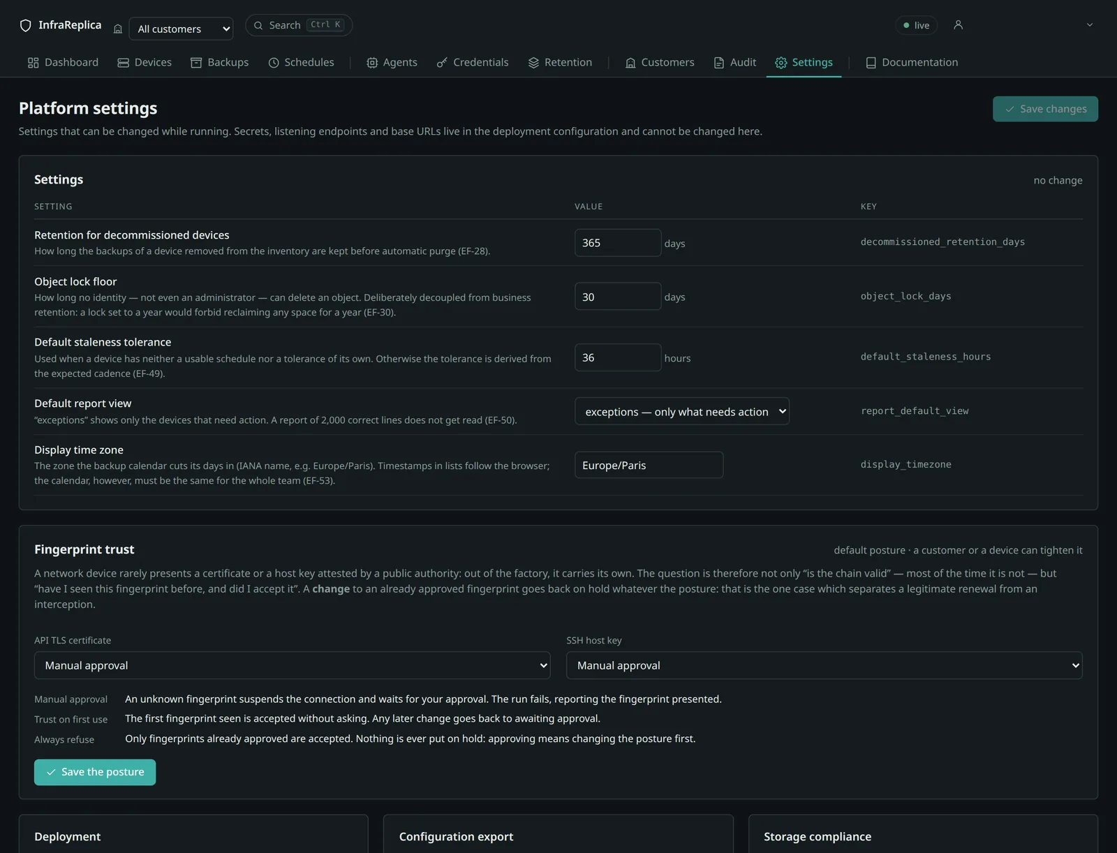 The Settings screen: what can be changed while the platform runs, each row naming the key the API uses